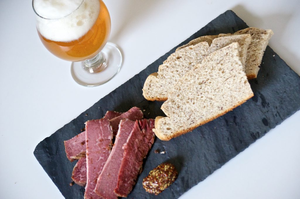 Pastrami, rye bread and Gnomegang from Brewery Ommegang